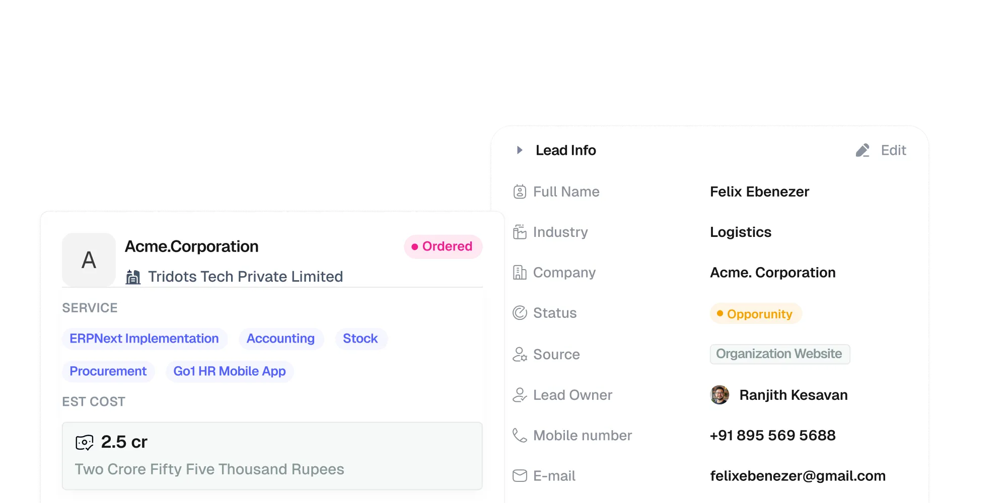 Quotation and sales order summary with status and estimated value.
